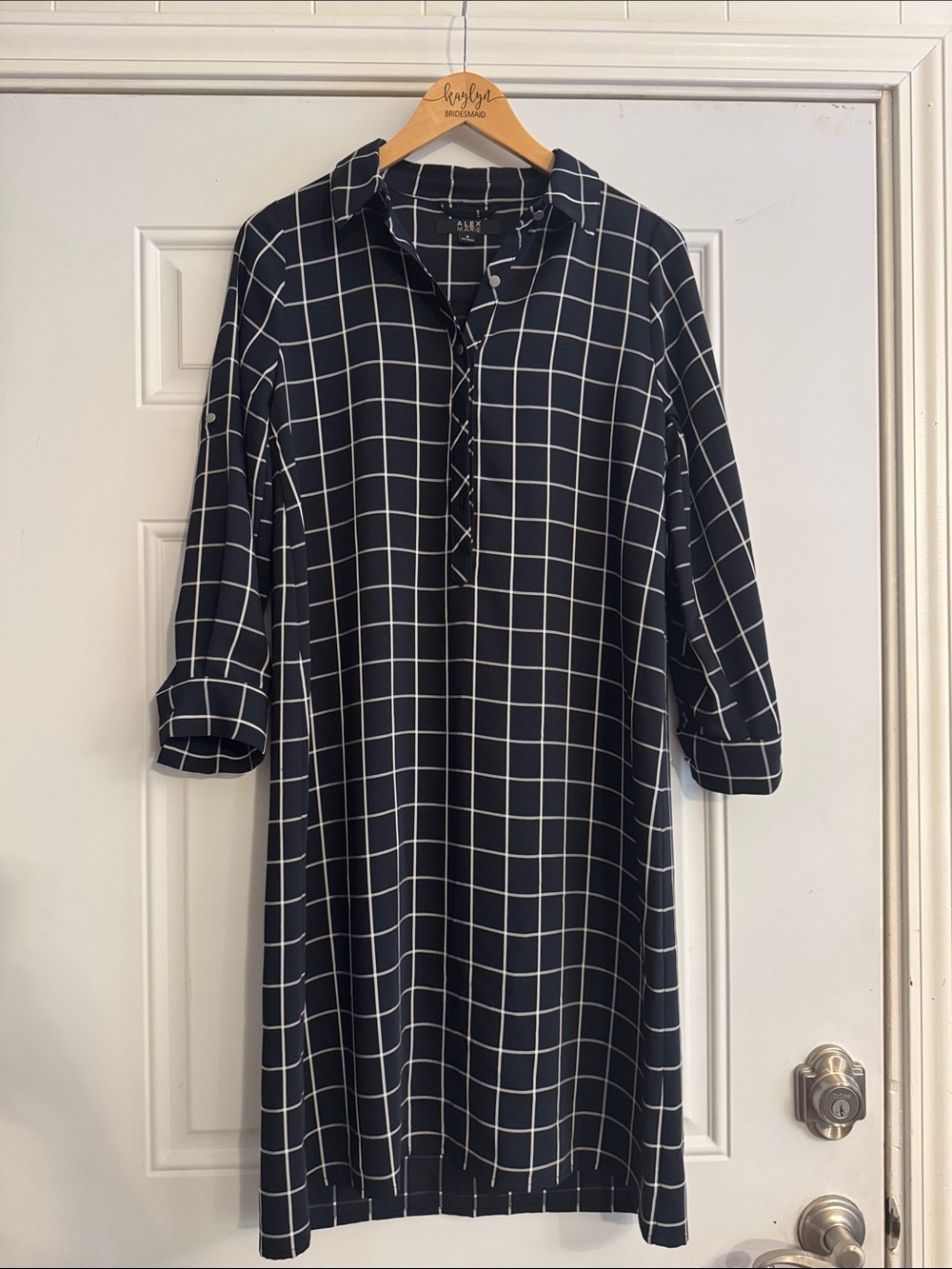 Alex Marie Navy and White Windowpane Shirt Dress